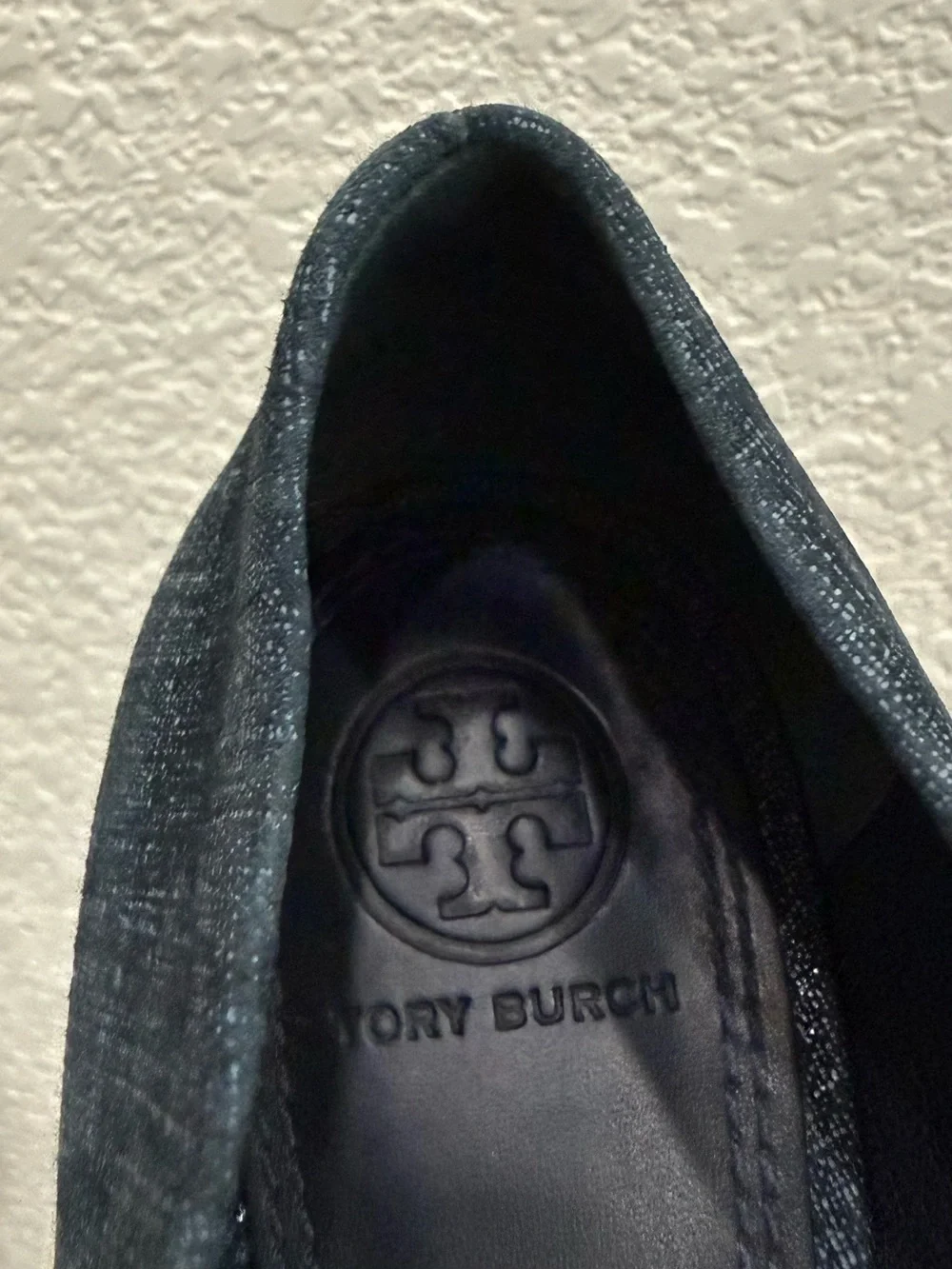 TORY BURCH Rosalind Navy Blue Denim Print Textured Suede Ballet Flats Size 8M